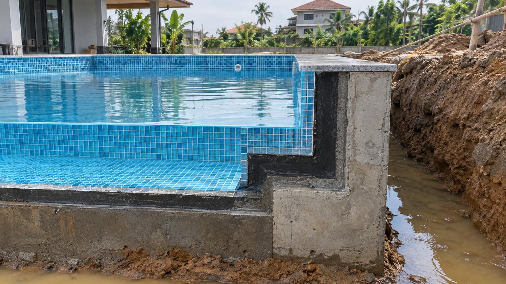 Mặt cắt hệ thống chống thấm hồ bơi