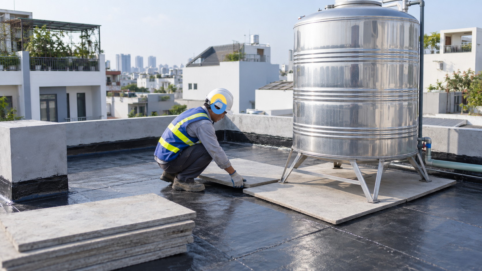 Lắp thiết bị sau khi bảo vệ lớp chống thấm mái