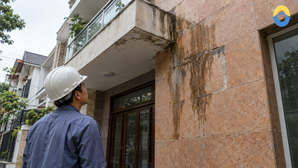 Mặt tiền ốp gạch hoặc đá bị thấm: kiểm tra mạch, khe cửa và chi tiết đỉnh tường