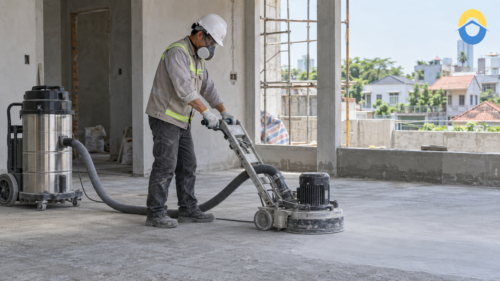 Nền bê tông được mài và hút sạch bụi