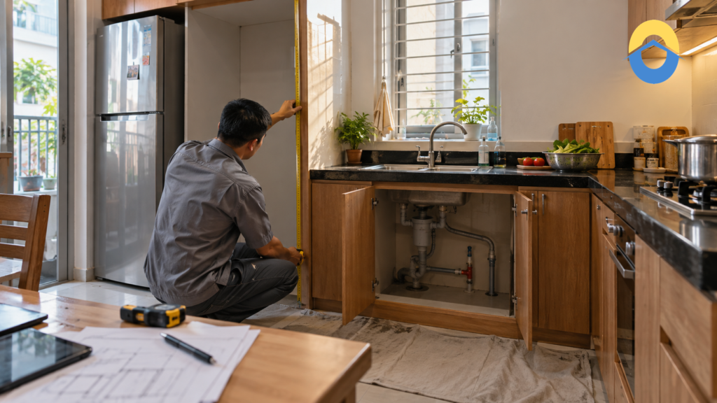 Cải tạo bếp đang sử dụng: chốt thiết bị và đường nước trước khi đặt tủ