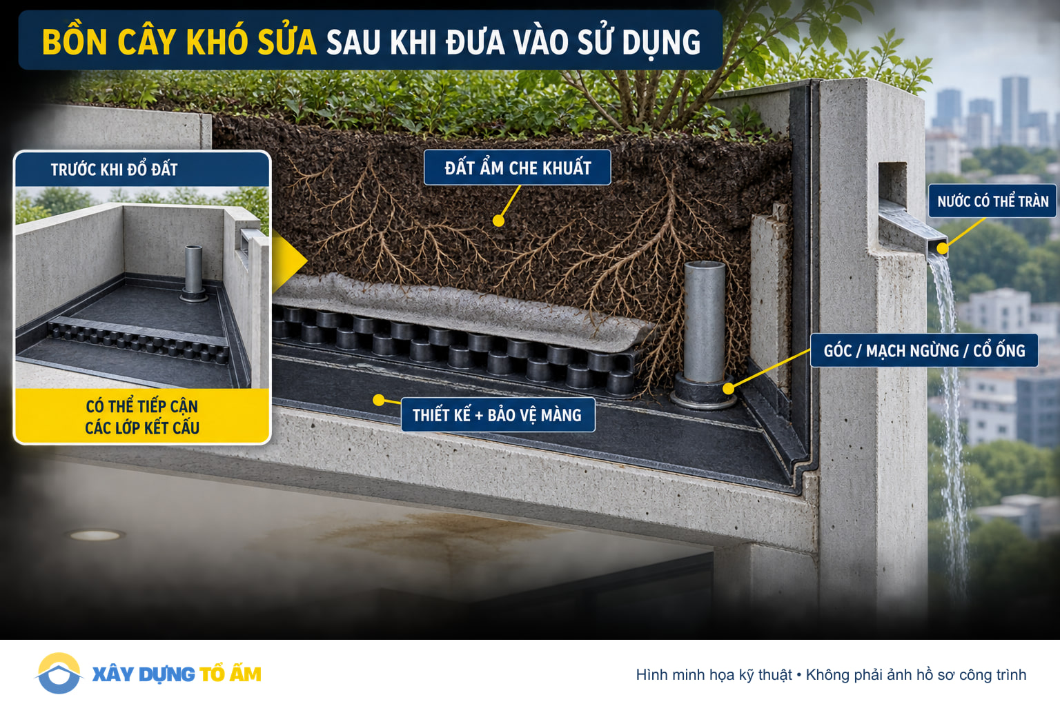 Cấu tạo bồn cây sân thượng khó kiểm tra sau khi đã có đất và rễ
