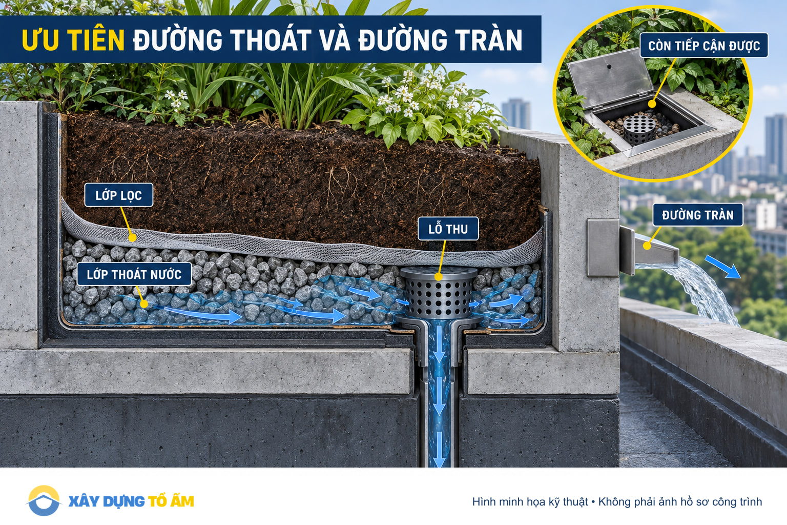 Sơ đồ ưu tiên lớp thoát nước, miệng thoát và đường tràn trong bồn cây