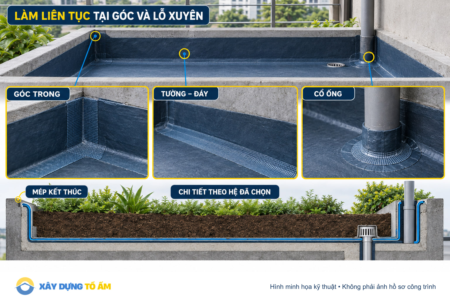 Chi tiết màng chống thấm liên tục tại góc bồn cây và lỗ xuyên