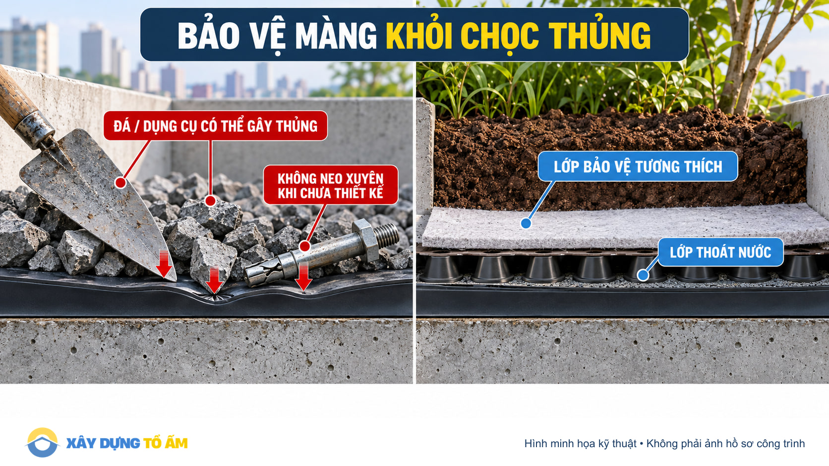 Sơ đồ bảo vệ màng chống thấm khỏi đá và dụng cụ gây chọc thủng
