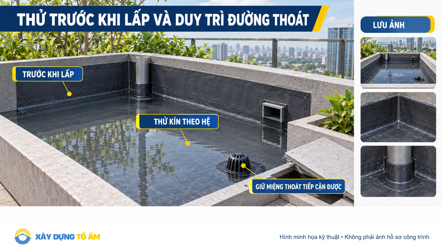 Thử kín bồn cây trước khi lấp và giữ miệng thoát tiếp cận được