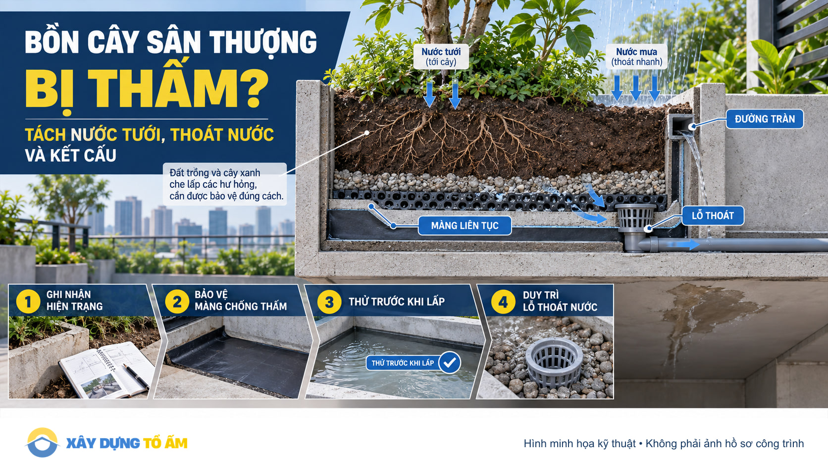 Bồn cây sân thượng bị thấm: tách nước tưới, thoát nước và kết cấu bao che
