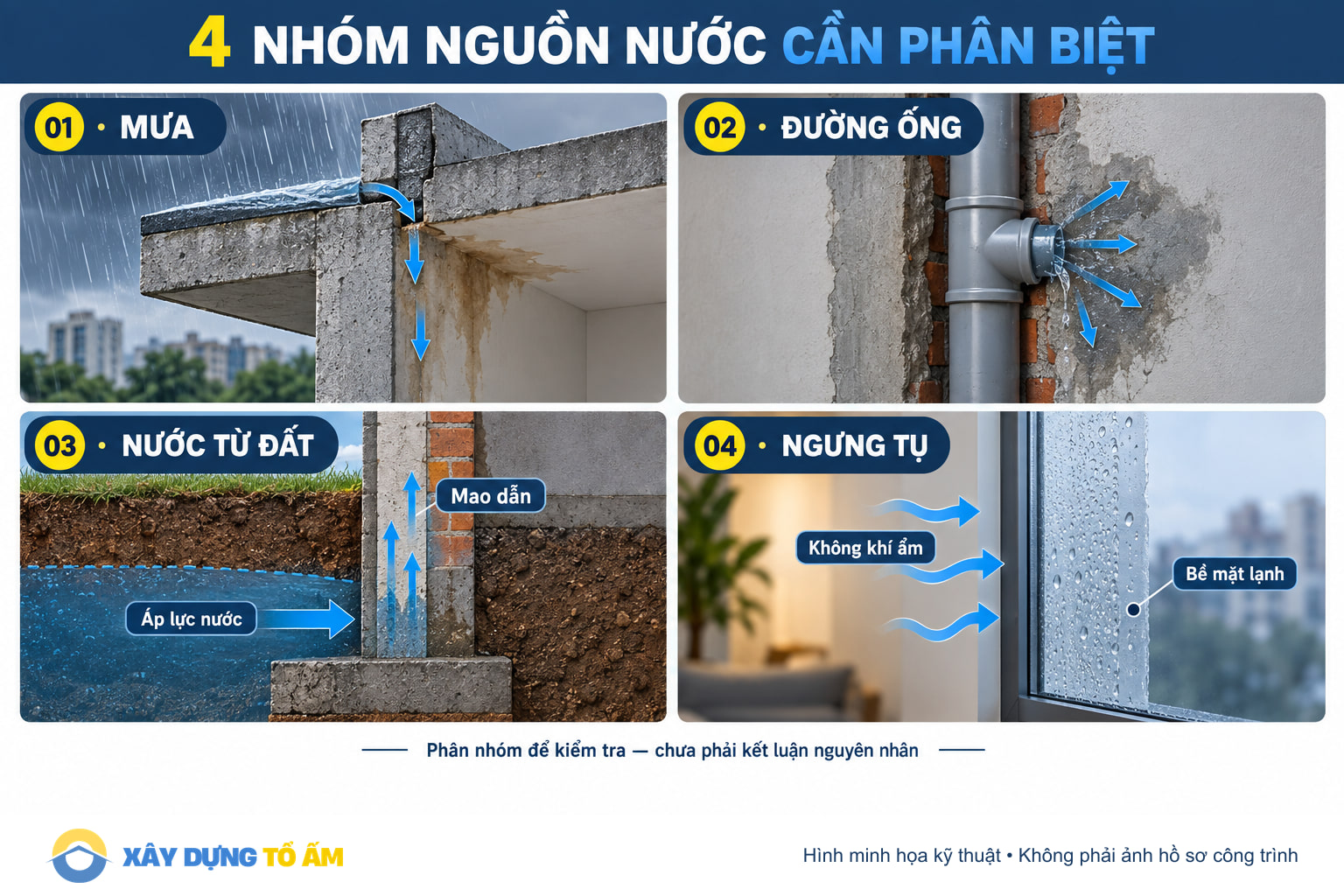 Bốn nhóm nguồn nước tách biệt: mưa, rò đường ống, nước từ đất và hơi ẩm ngưng tụ
