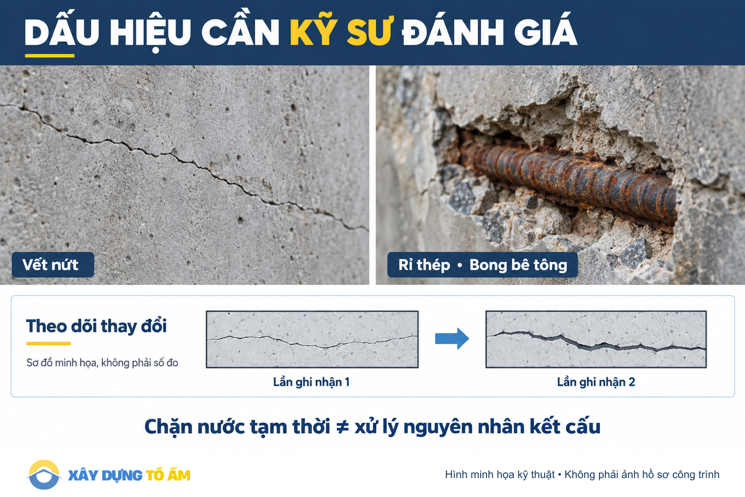 Dấu hiệu cần kỹ sư đánh giá: vết nứt thay đổi, rỉ thép và bê tông bong; chặn nước chưa giải quyết nguyên nhân kết cấu