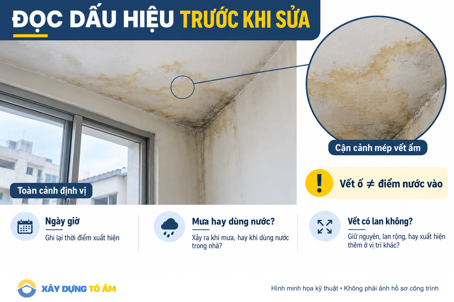 Ghi nhận toàn cảnh, cận cảnh và mép vết ẩm; đối chiếu ngày giờ, thời tiết và sự lan rộng