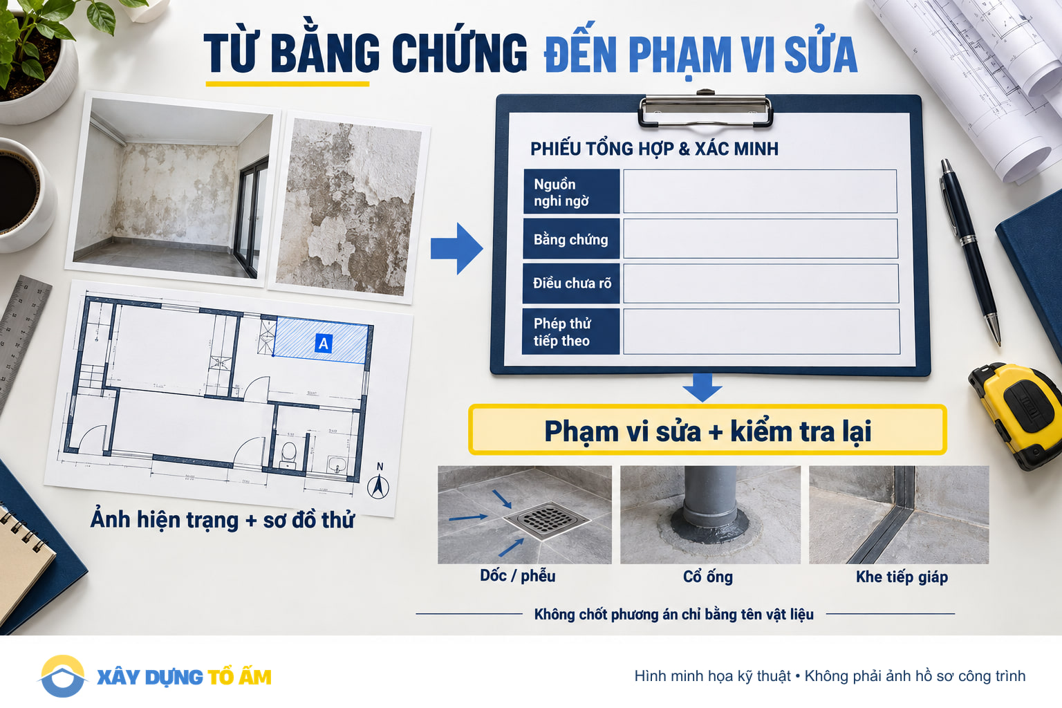 Hồ sơ liên kết ảnh hiện trạng, sơ đồ thử, nguồn nghi ngờ, bằng chứng, điều chưa rõ và phạm vi sửa