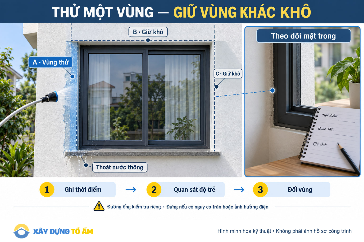 Thử nước tại vùng A, giữ vùng B và C khô, bảo đảm thoát nước và theo dõi phía trong