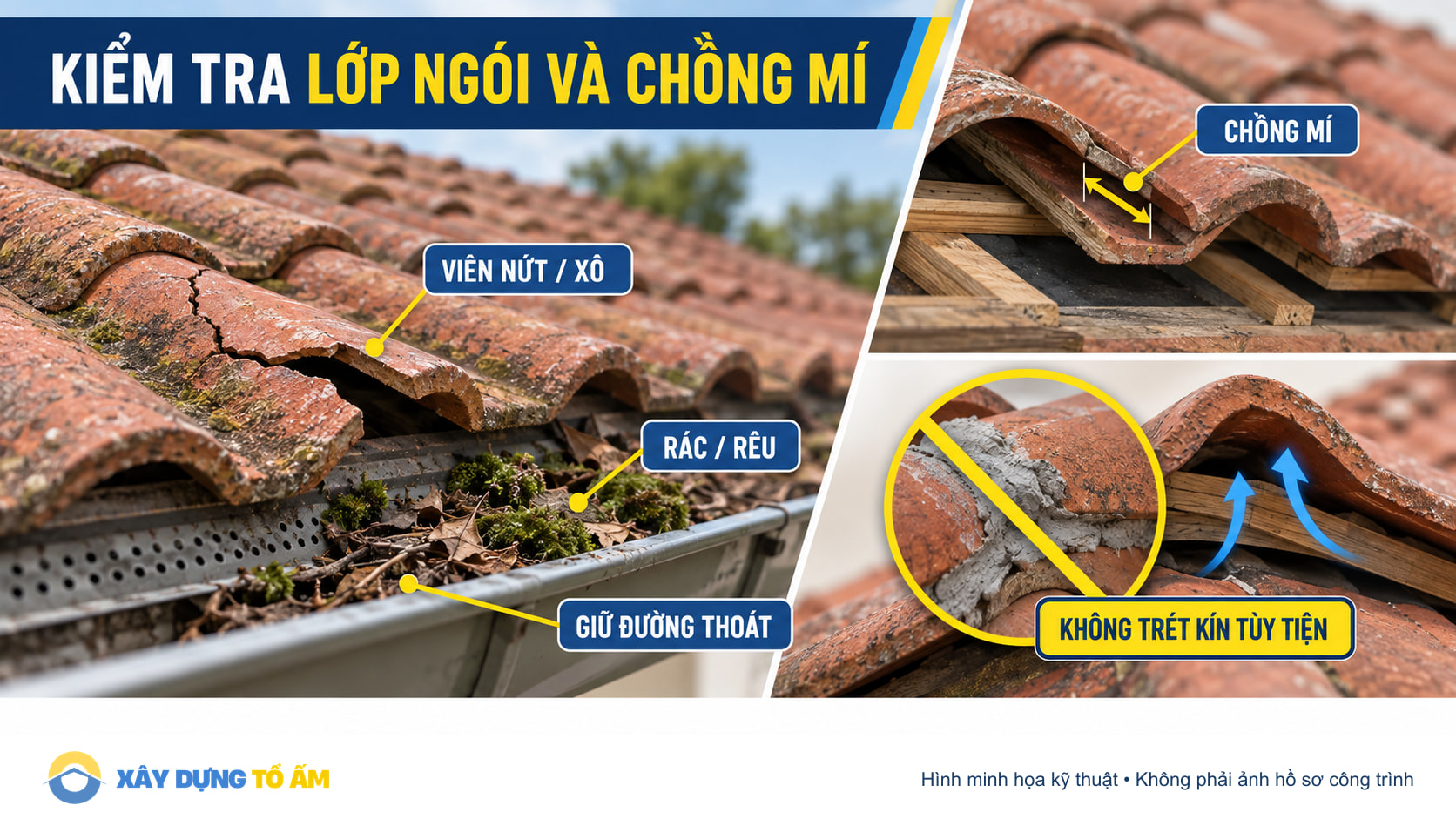 Kiểm tra viên ngói nứt xô, chồng mí, rác rêu và đường thoát