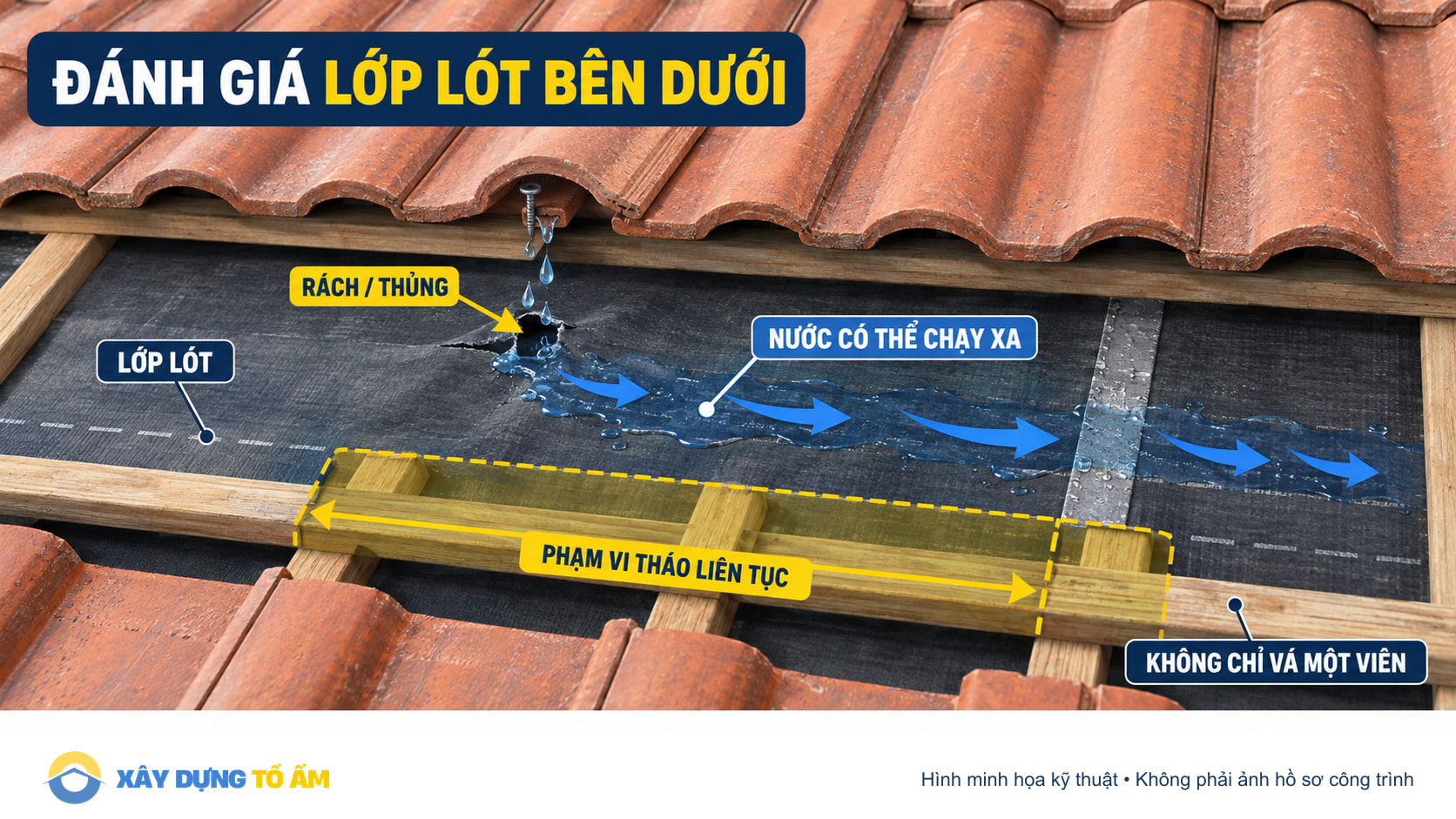 Lớp lót bên dưới mái ngói bị rách và cho phép nước chạy xa
