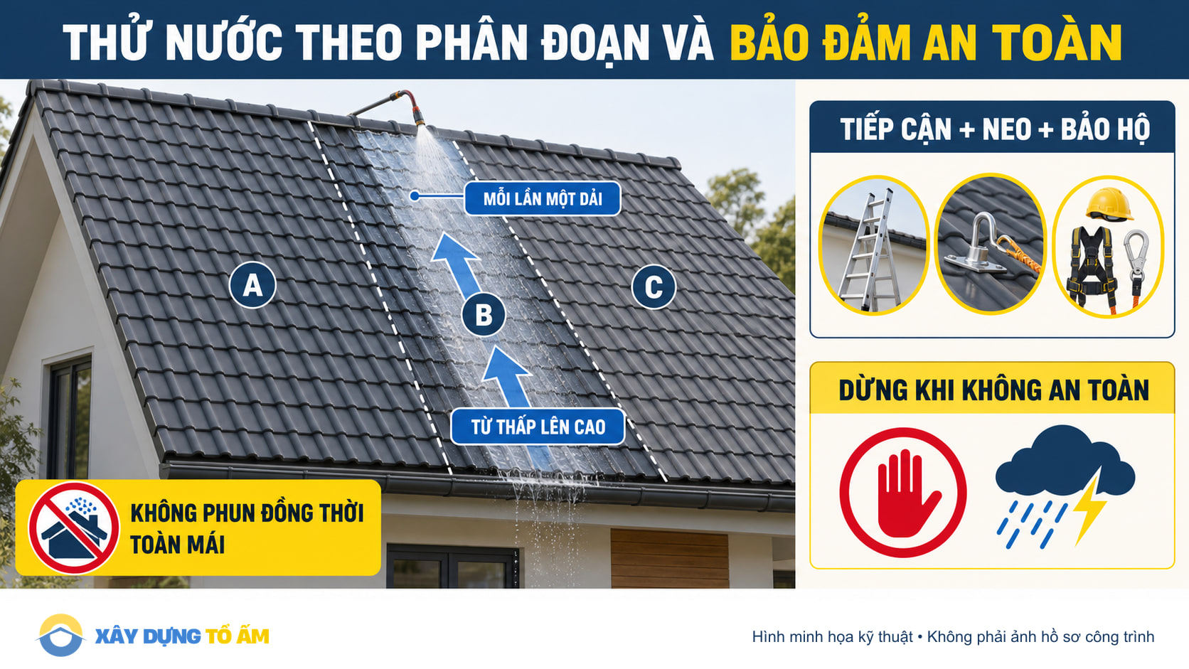 Thử nước theo từng dải từ thấp lên cao với tiếp cận neo và bảo hộ