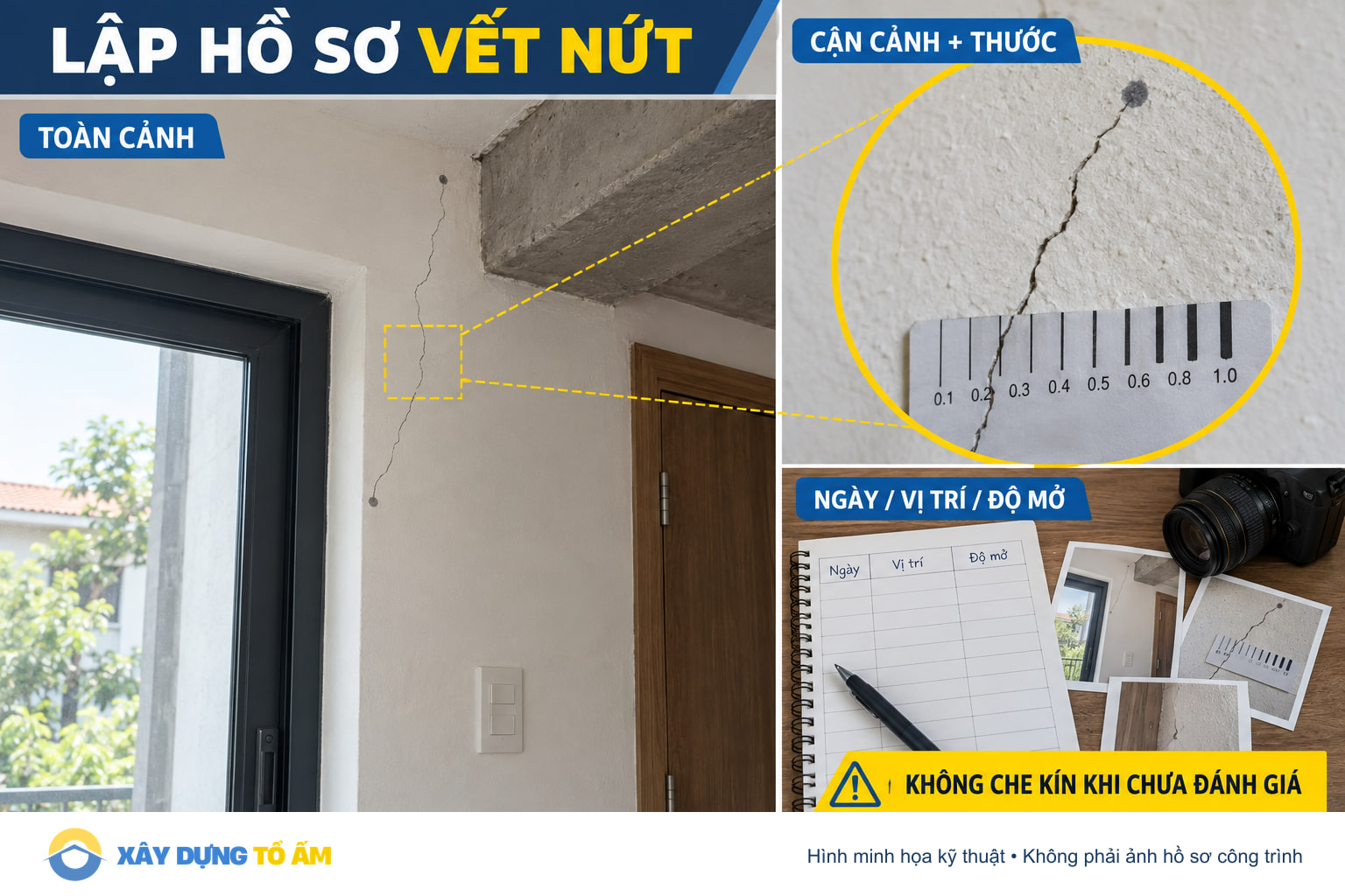 Cách lập hồ sơ vết nứt bằng ảnh toàn cảnh, thước đo và ngày ghi nhận