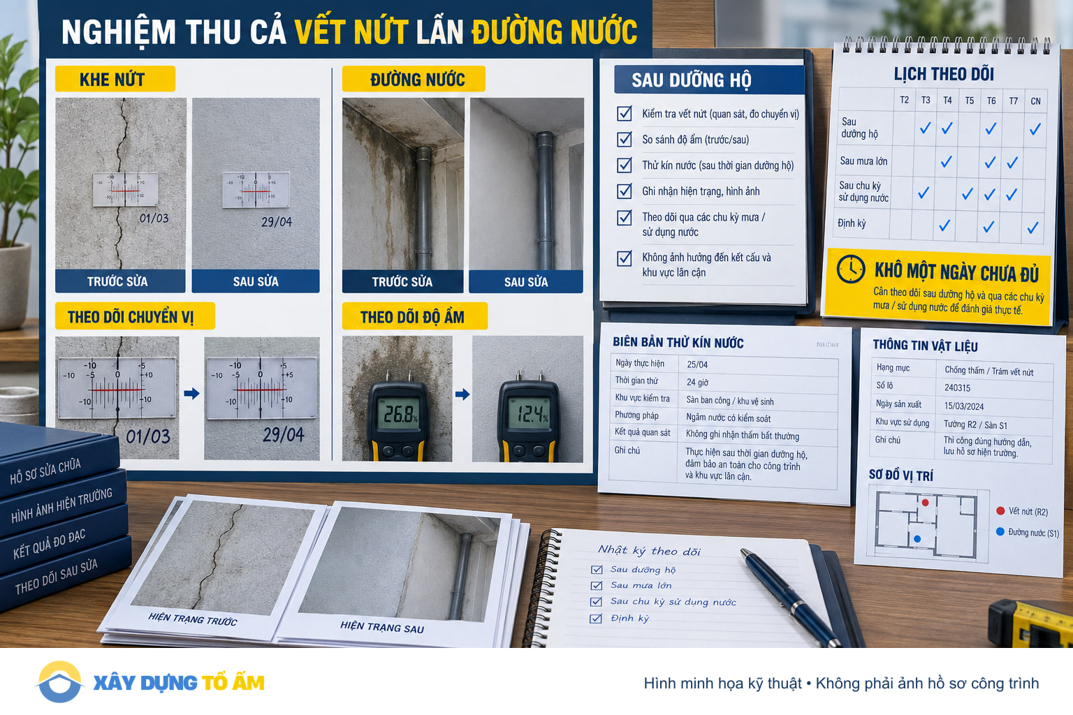 Nghiệm thu đồng thời vết nứt, độ ẩm, dưỡng hộ và đường nước