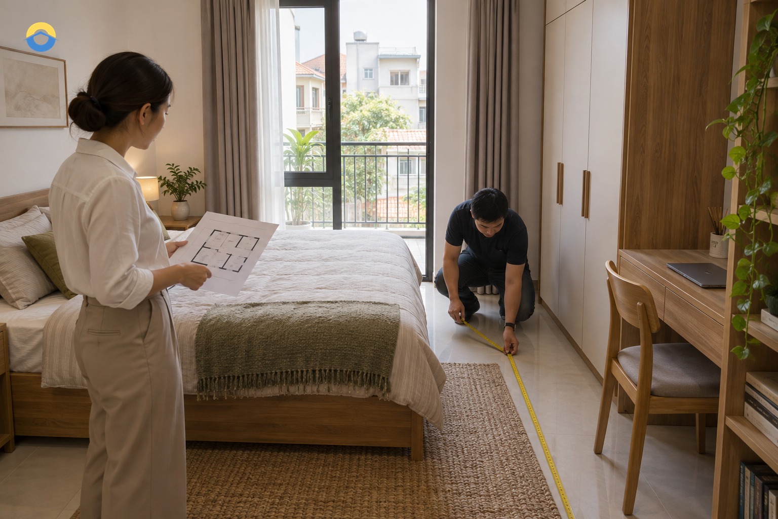 Đo đồ thật và lối đi quanh giường trong phòng ngủ