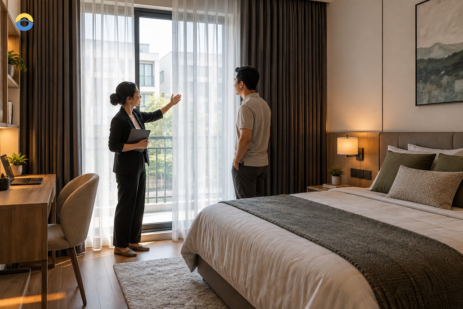 Kiểm tra ánh sáng, rèm riêng tư và vị trí bàn làm việc