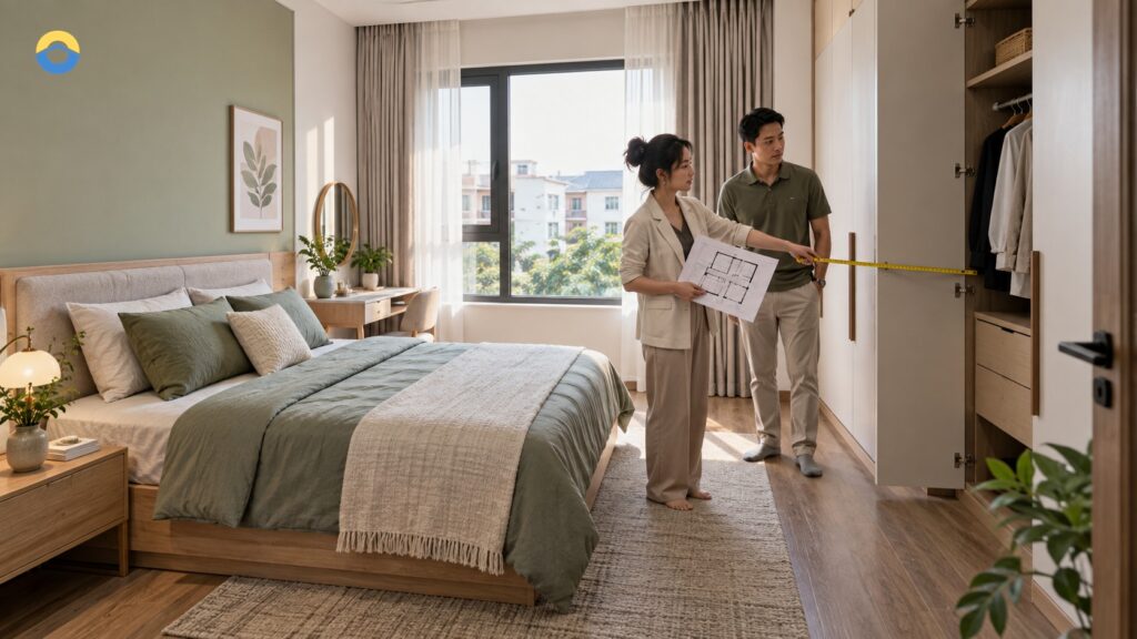 Thiết kế phòng ngủ: kiểm tra vị trí giường, tủ và ánh sáng khi dùng thật