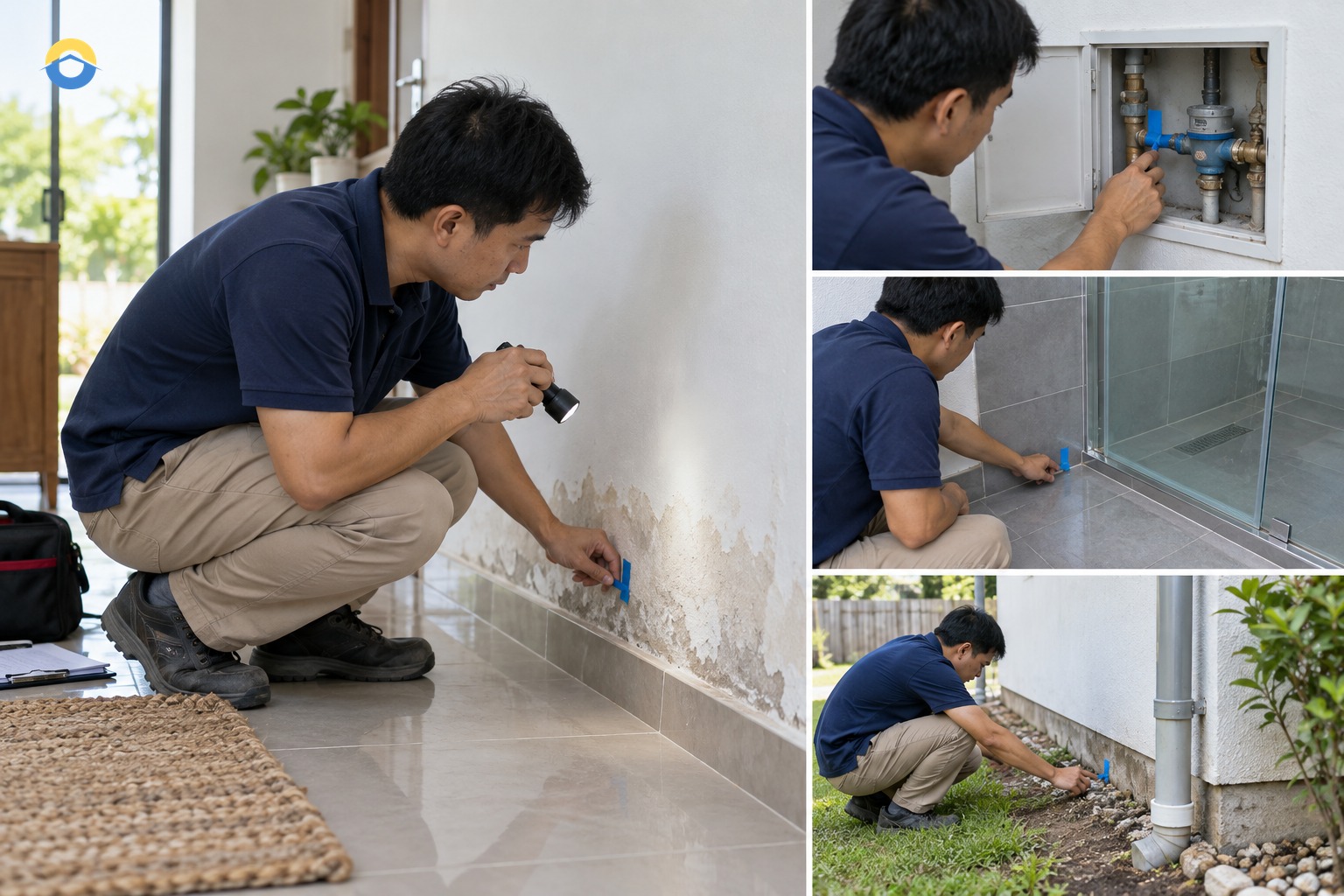 Kiểm tra đường ống, khu ướt và nền bên ngoài quanh vùng tường ẩm