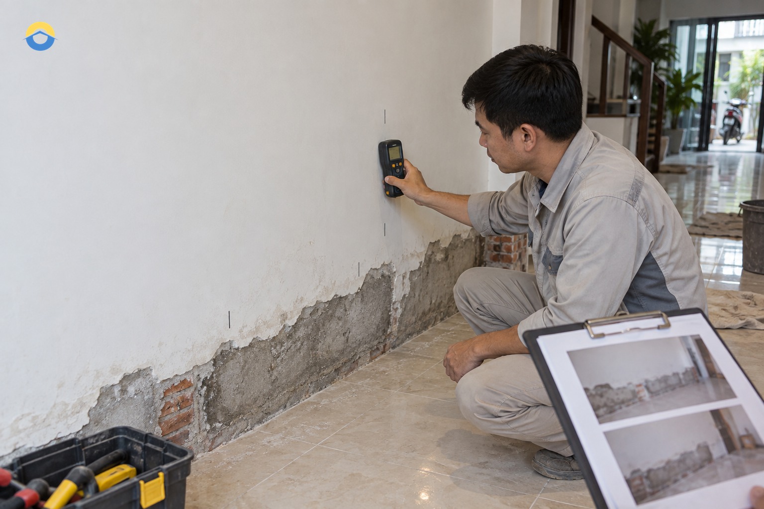 Kiểm tra độ ẩm nền tường sau xử lý trước khi hoàn thiện