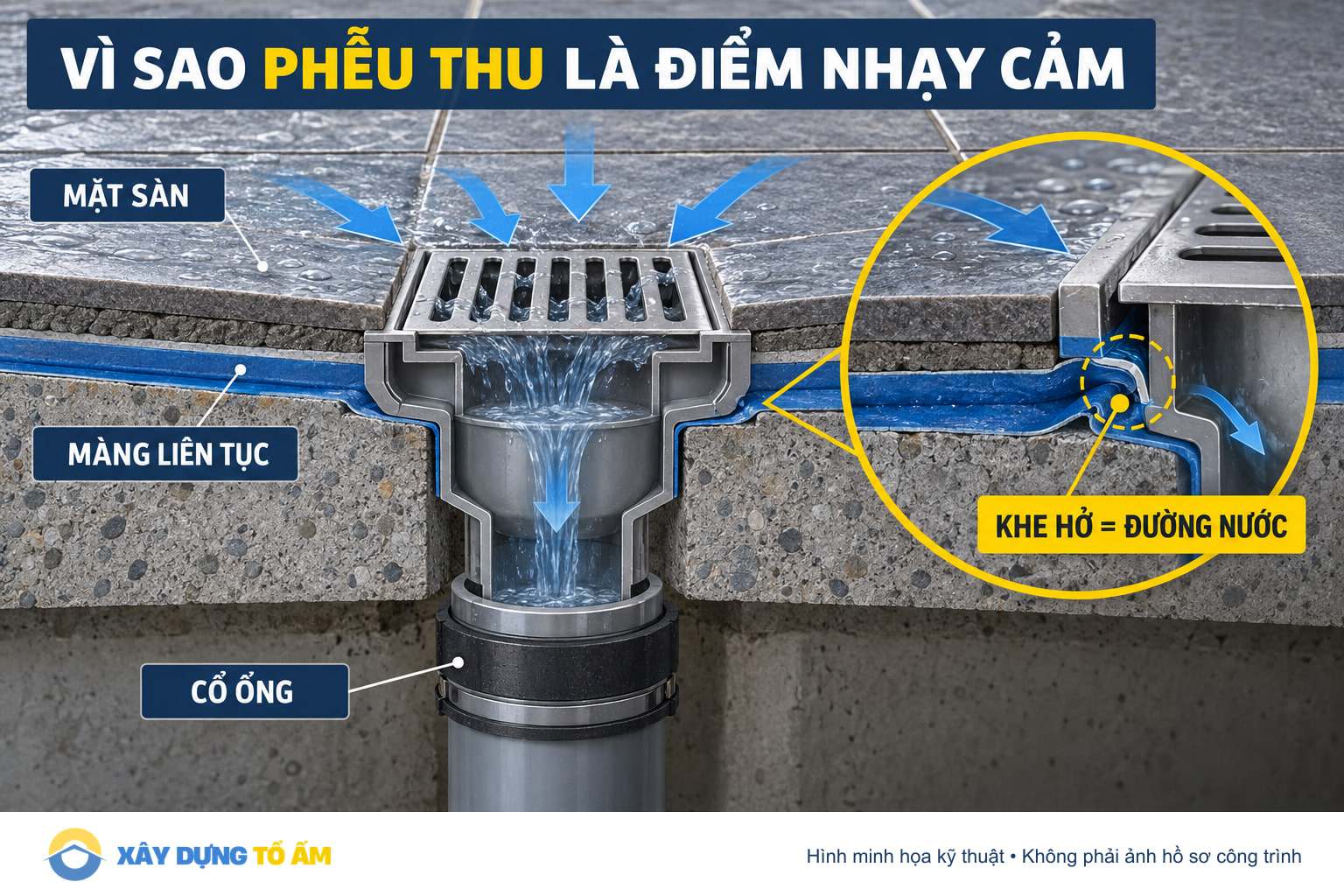 Cấu tạo phễu thu sàn với màng chống thấm và cổ ống tại điểm giao nhau