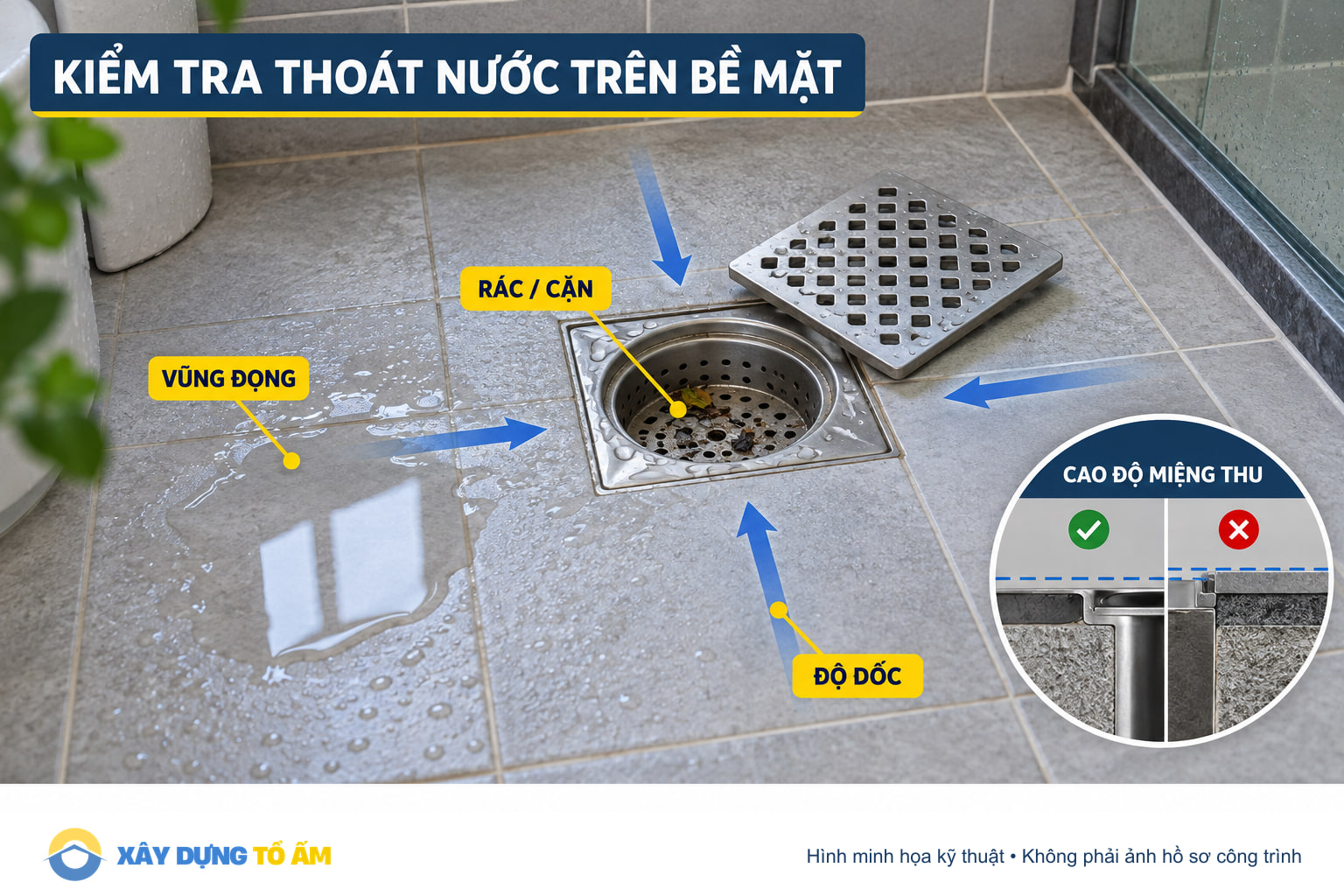 Kiểm tra độ dốc, vũng đọng, rác và cao độ quanh phễu thoát sàn