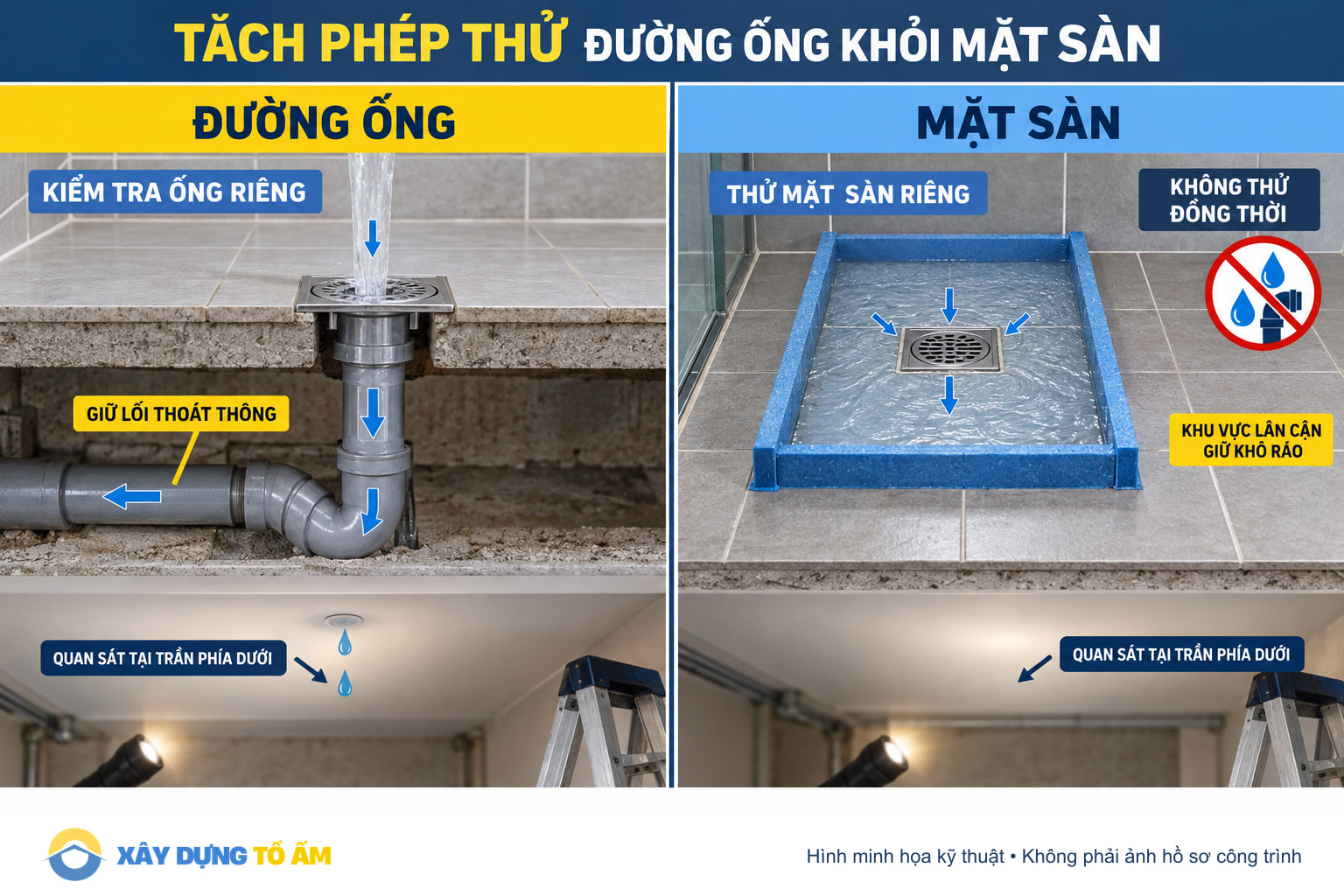 Sơ đồ tách phép thử đường ống khỏi phép thử mặt sàn
