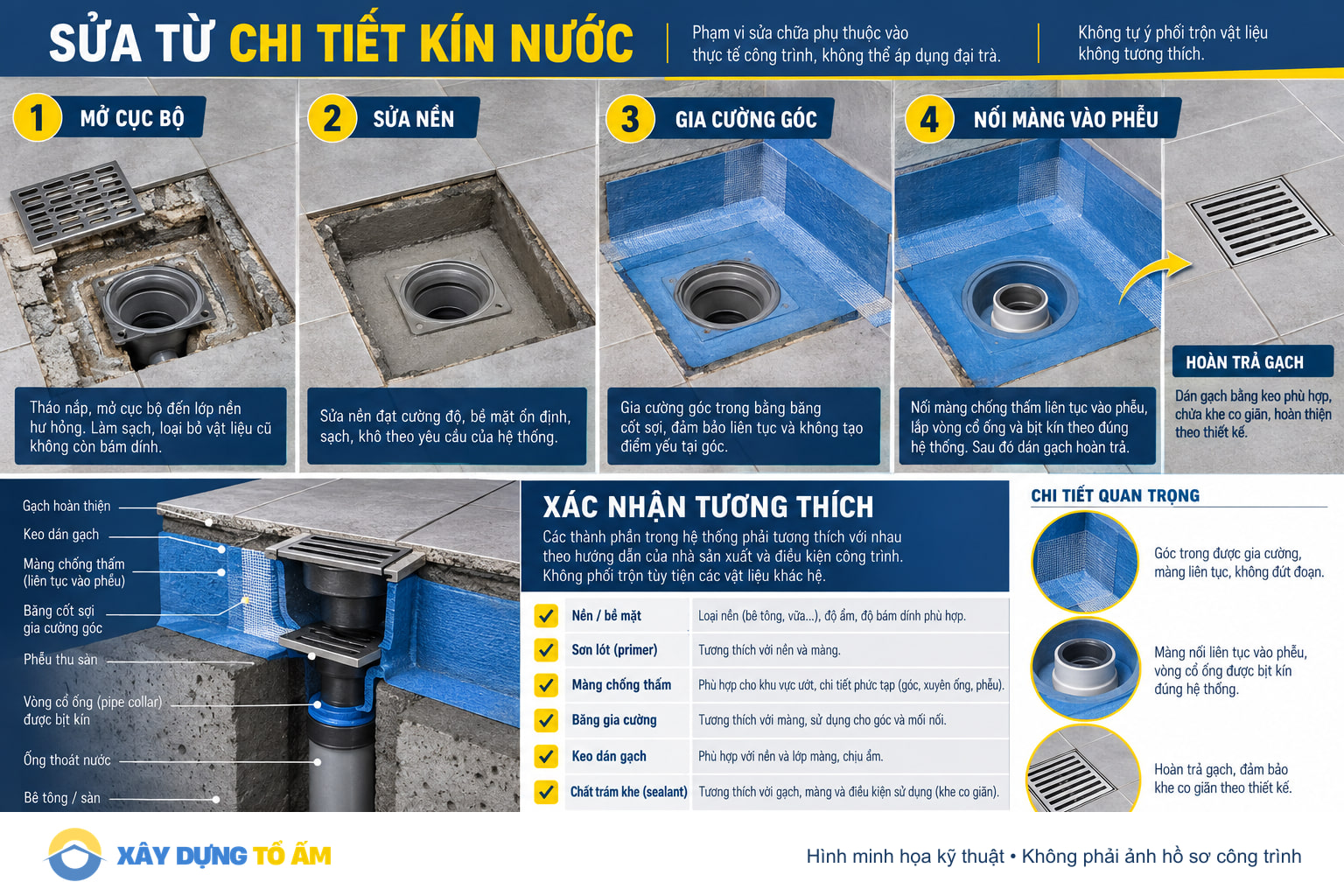 Các bước sửa chi tiết kín nước quanh phễu, góc và cổ ống