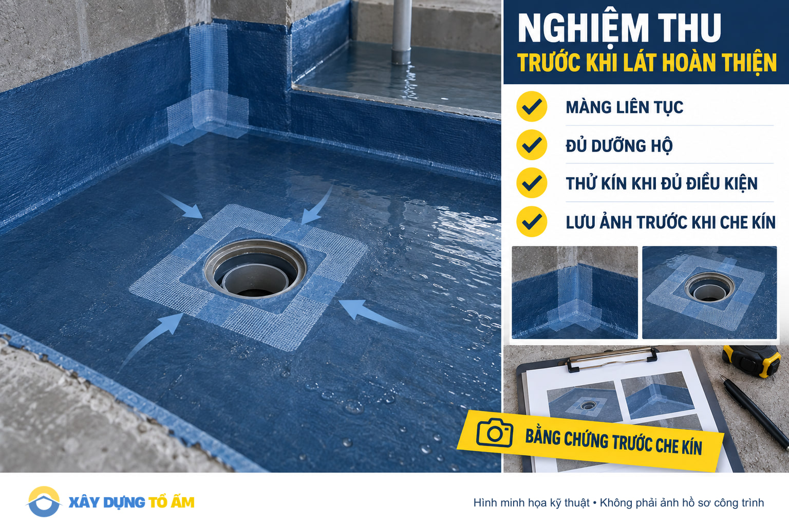 Nghiệm thu màng chống thấm và thử nước trước khi lát sàn