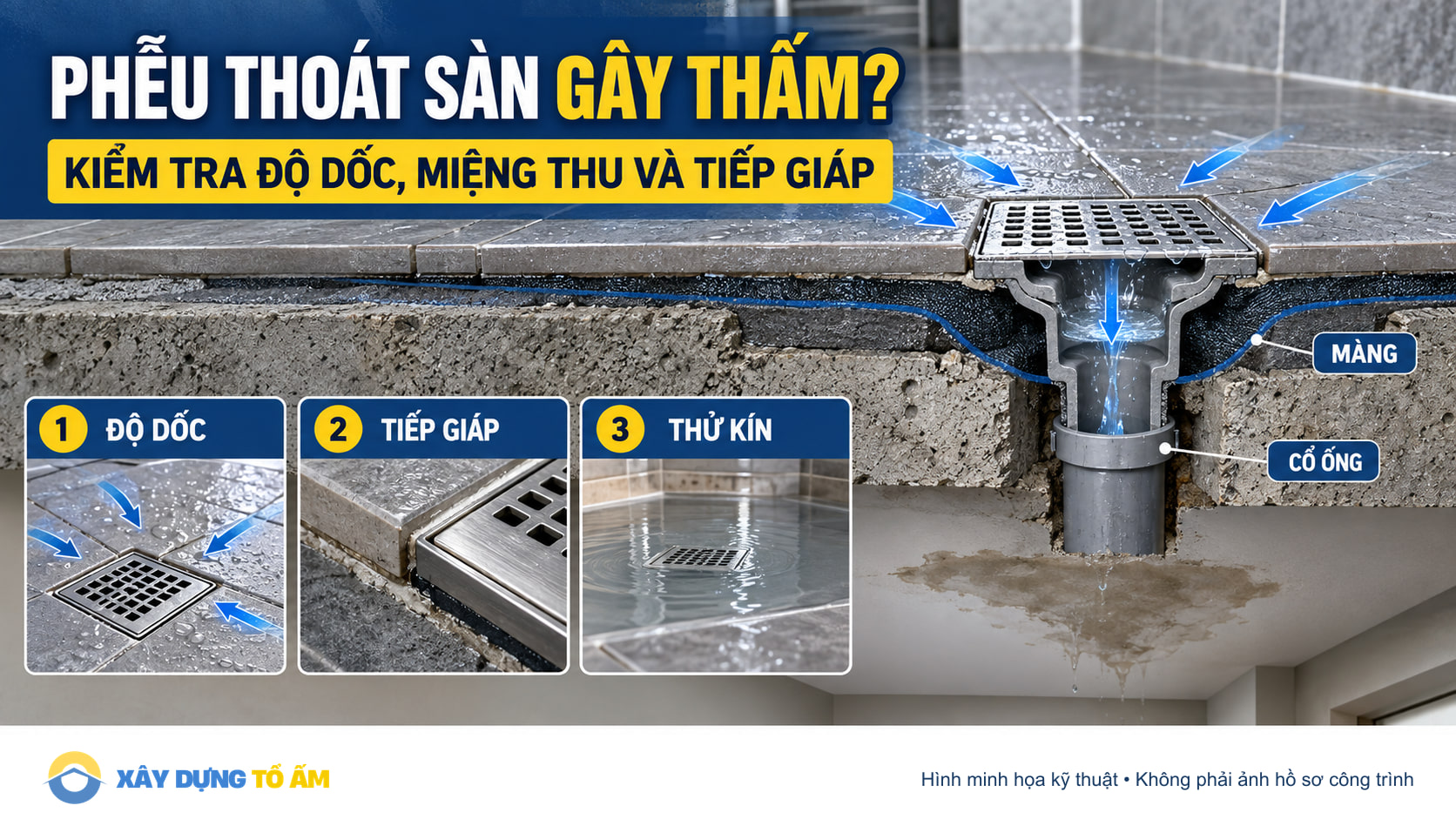 Phễu thoát sàn gây thấm: kiểm tra độ dốc, miệng thu và tiếp giáp