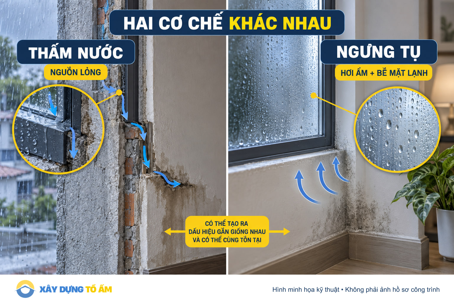 Sơ đồ so sánh nước lỏng xâm nhập và hơi ẩm ngưng tụ