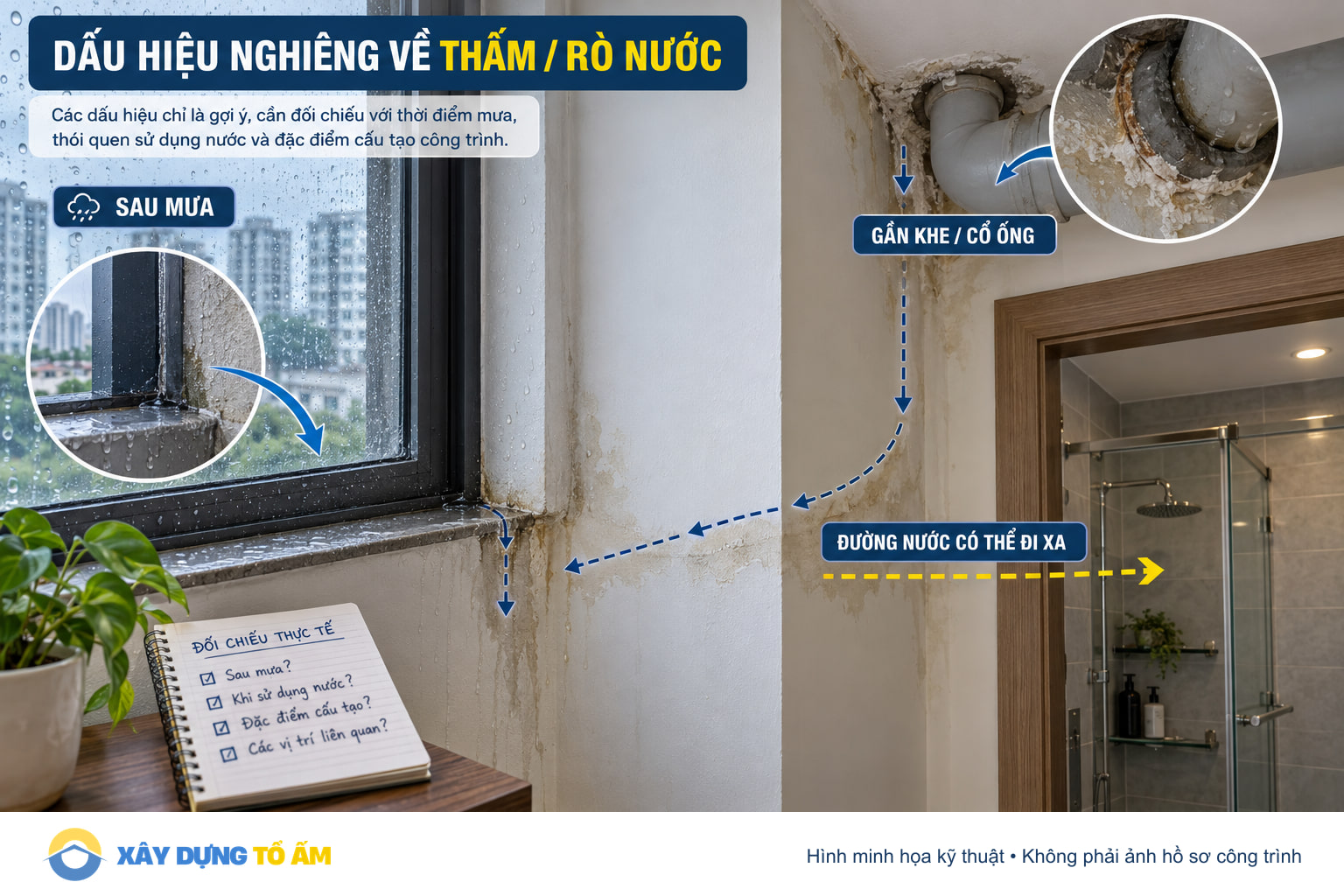 Dấu hiệu nghiêng về thấm hoặc rò nước quanh mối nối và đường ống