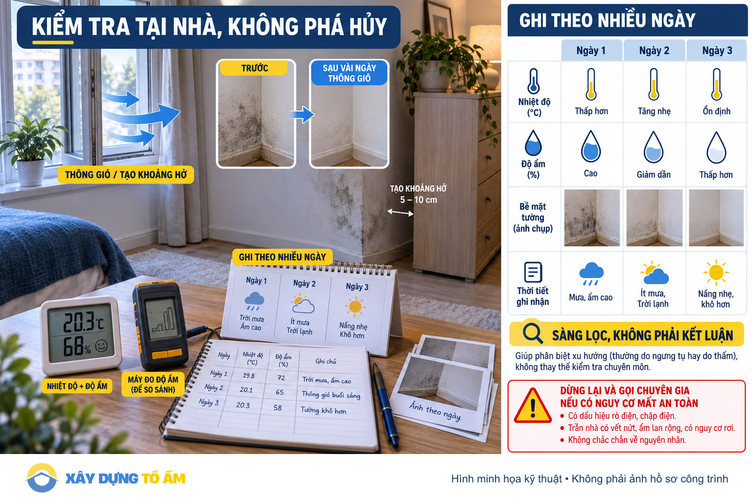 Các bước kiểm tra tại nhà không phá hủy bằng nhật ký và đo so sánh