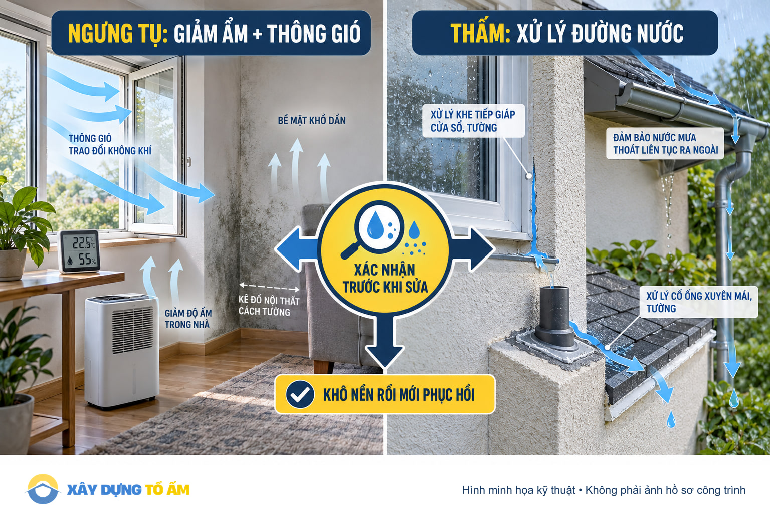 Sơ đồ chọn xử lý ngưng tụ hoặc xử lý đường nước sau khi xác nhận nguyên nhân