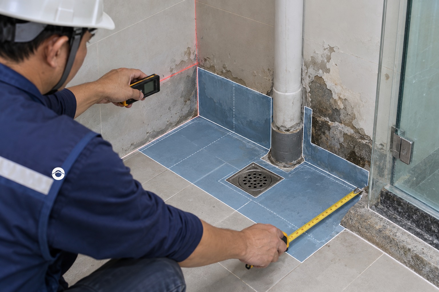 Kỹ thuật viên đo phạm vi sàn, chân tường, cổ ống và phễu để lập BOQ chống thấm