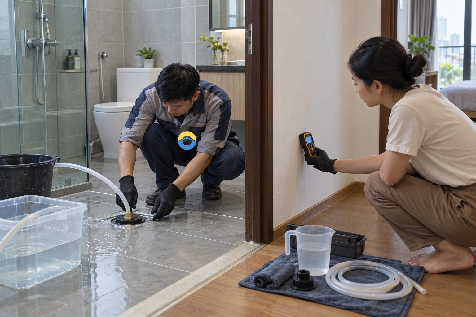 Kỹ thuật viên thử từng nguồn nước có kiểm soát và đo ẩm trong nhà