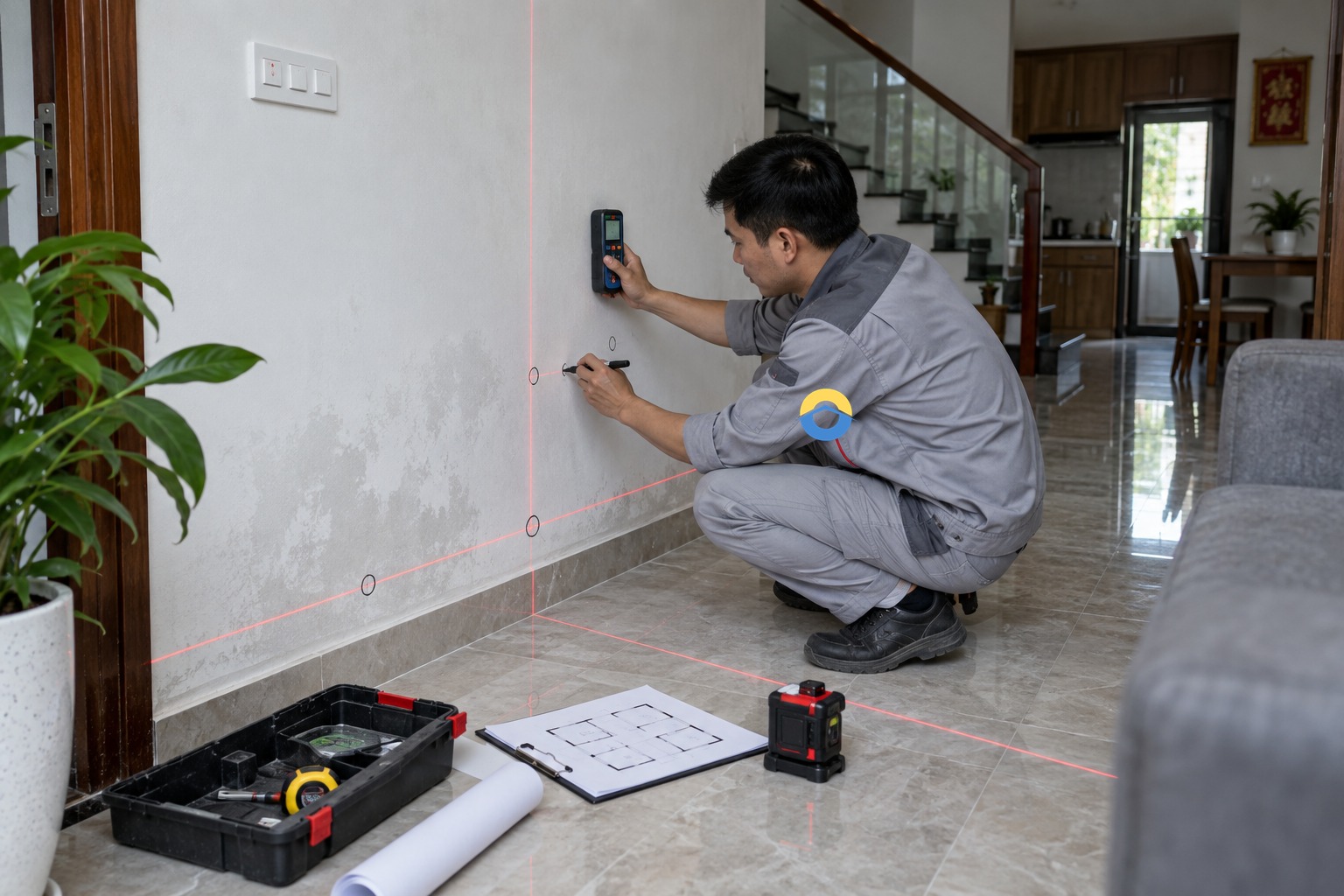 Kỹ thuật viên khoanh vùng tuyến rò rỉ âm tường, âm sàn bằng đo ẩm và đường laser