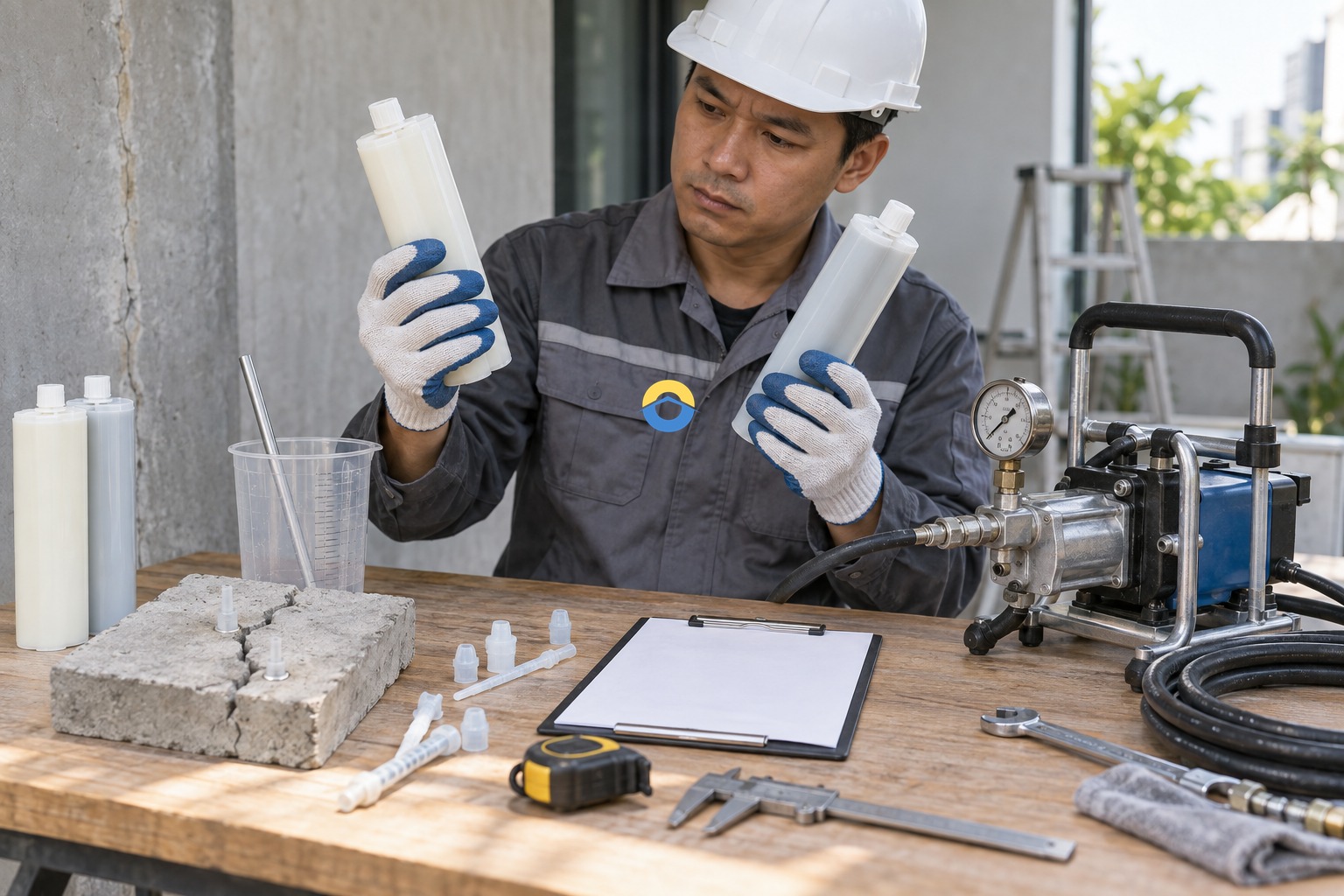 Kỹ thuật viên đối chiếu hệ PU, thiết bị bơm và tài liệu kỹ thuật trước thi công