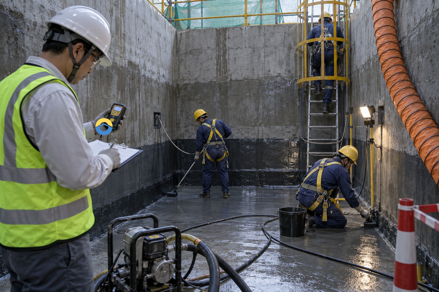 Thi công chống thấm hố pit theo kế hoạch HSE với PPE, giám sát và bơm hút