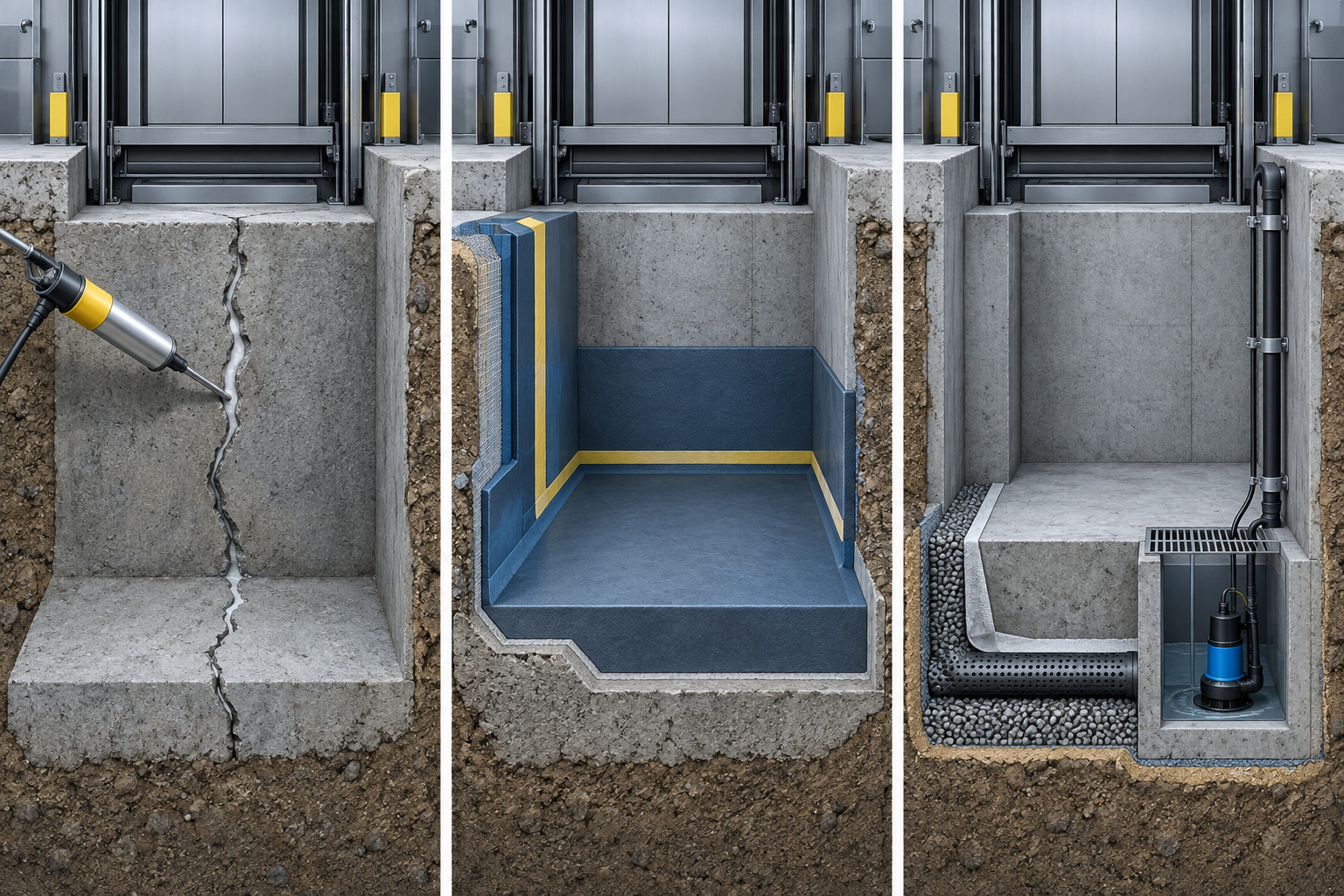 Minh họa ba phạm vi Repair System Rebuild cho chống thấm hố pit và thoát nước