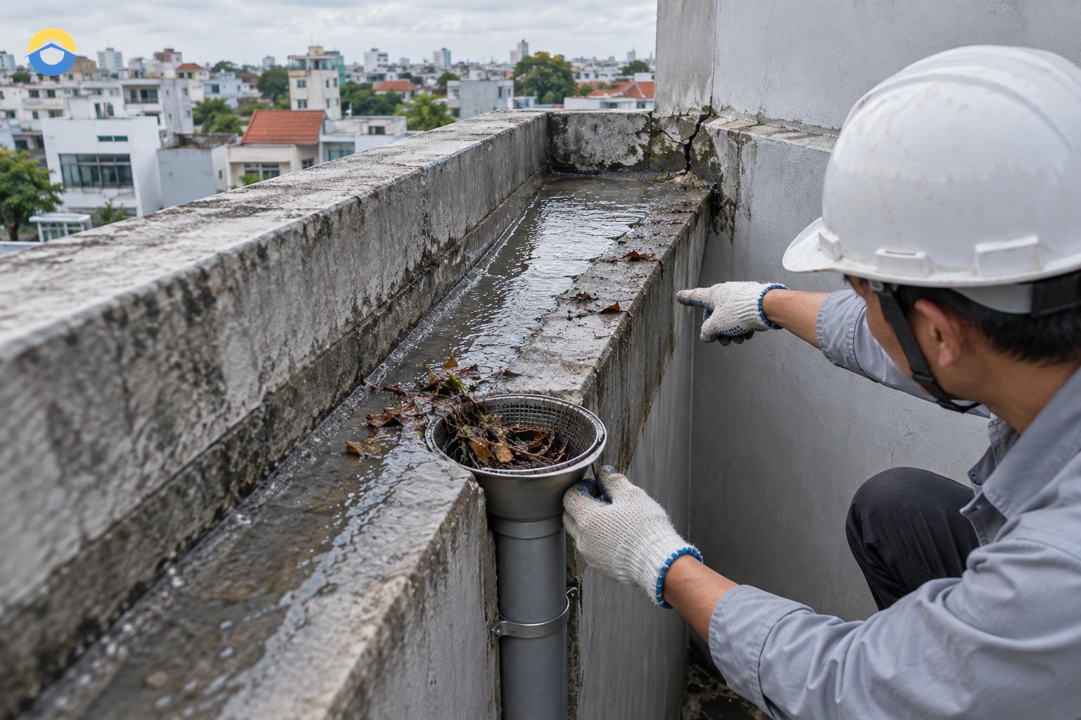 Sơ đồ nguồn nước đi theo dốc sê nô đến góc, phễu và ống xả