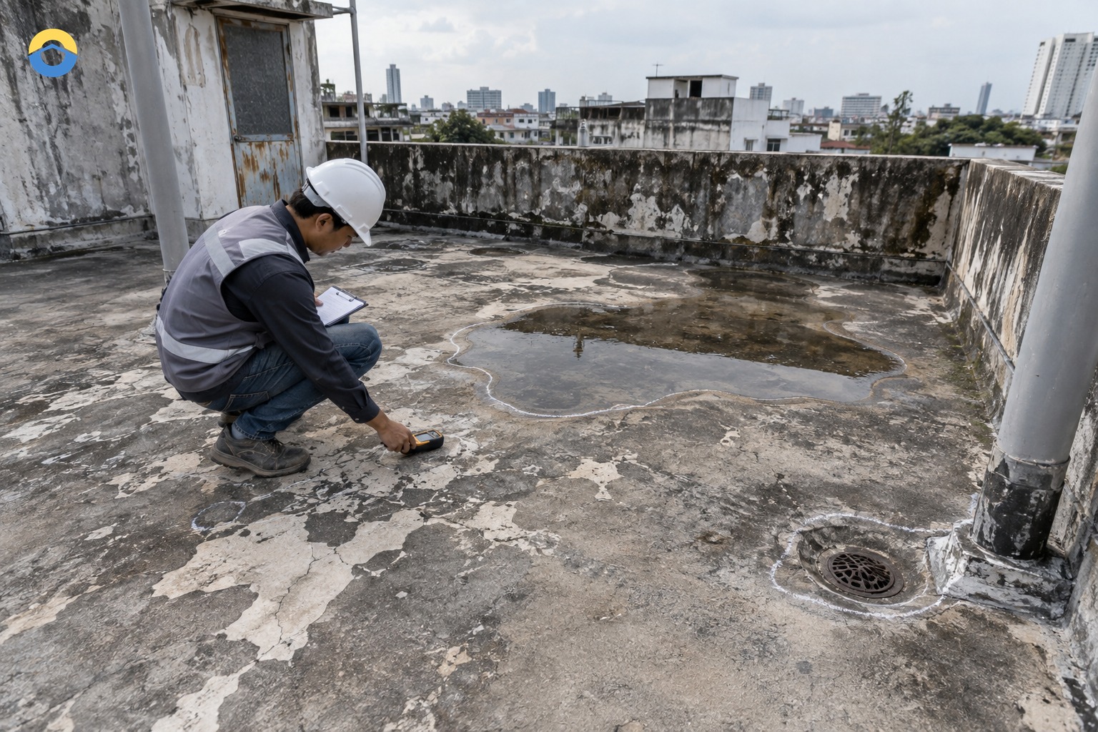 Sơ đồ sân thượng cũ với vùng đọng, phễu, chân tường và cổ ống