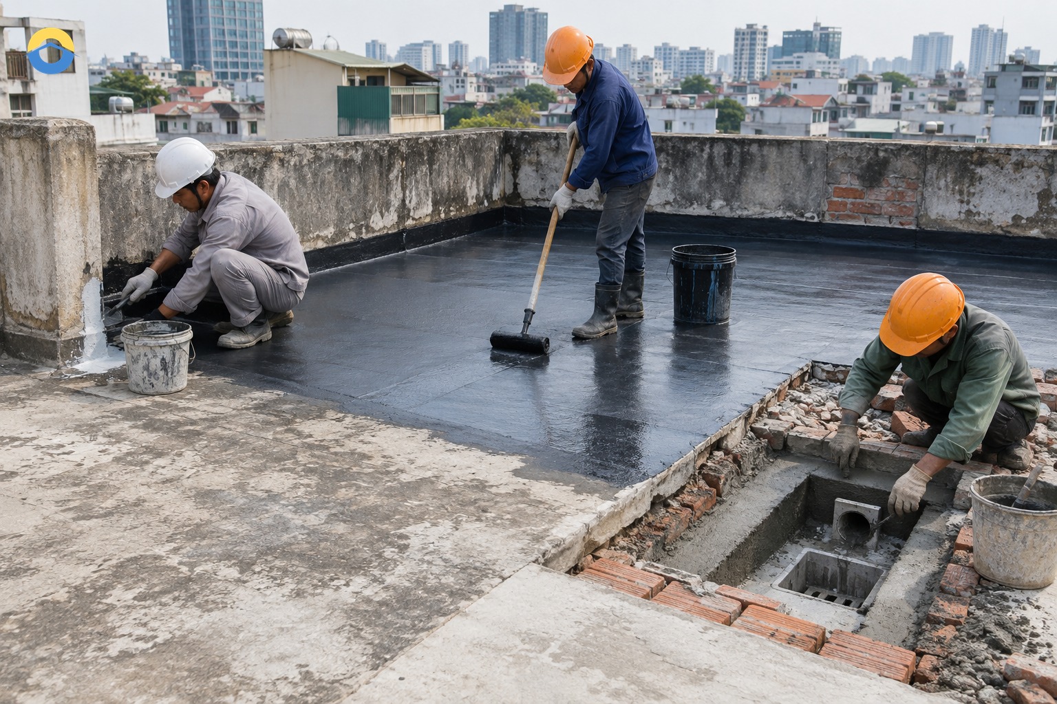 Sơ đồ nước mưa đi qua vùng đọng đến nứt, góc và phễu sân thượng