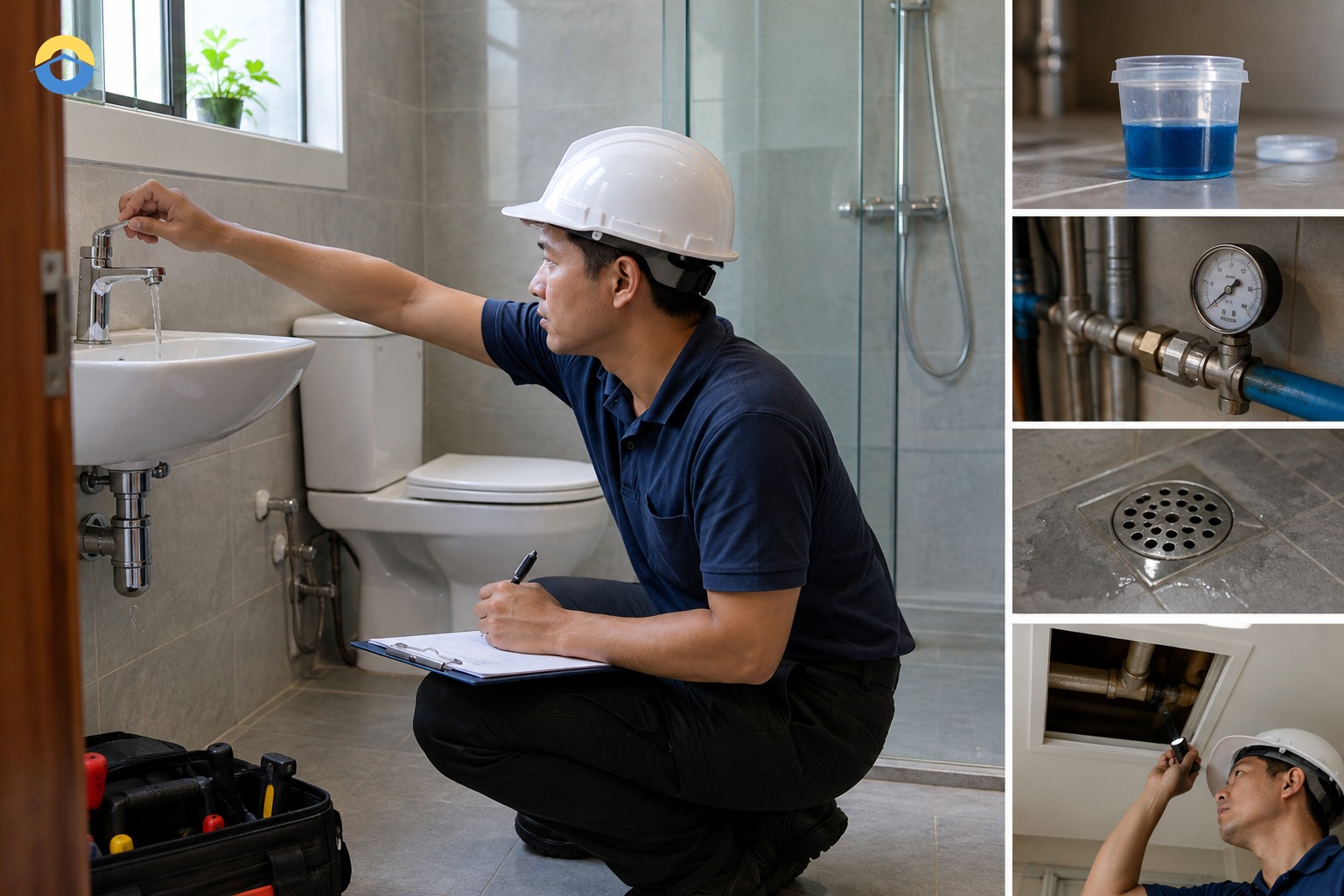 Sơ đồ cô lập từng thiết bị và thử màu, dòng chảy, áp lực trong nhà vệ sinh